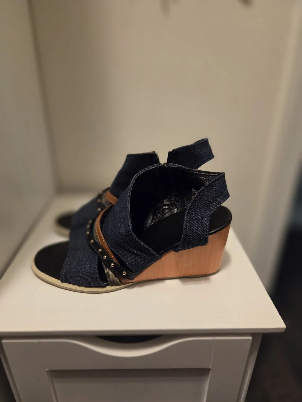Denim Wedge Sandals with Studded Straps - Navy & Brown Size 8